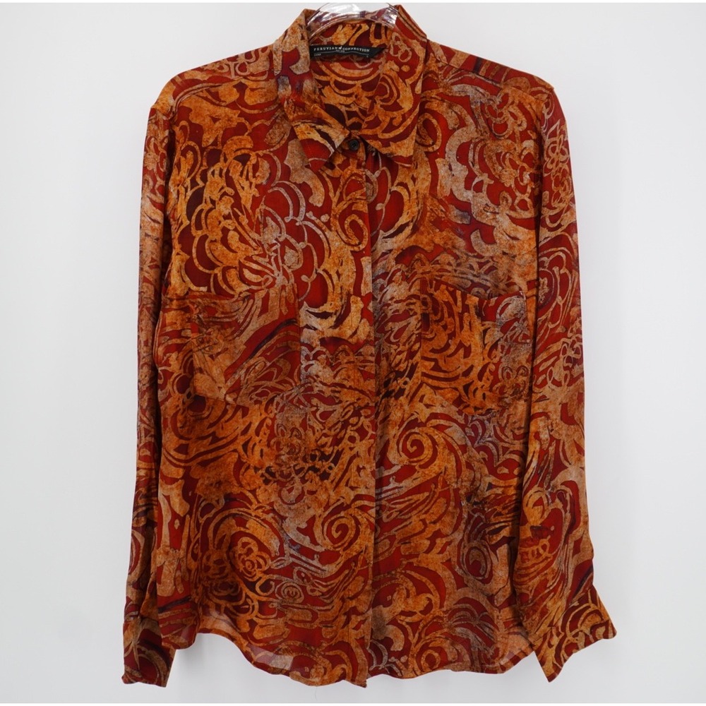 Peruvian Connection Orange Rust Abstract Scroll Viscose Button Down Blouse Large